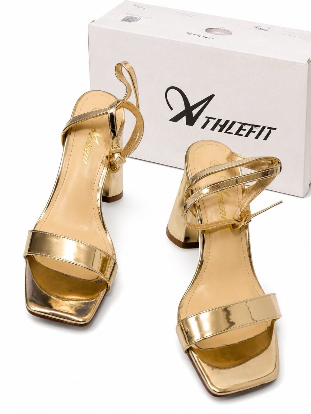 Athlefit Gold Metallic Block Heel Ankle Strap Sandals Women’s Size 8 w/ Box